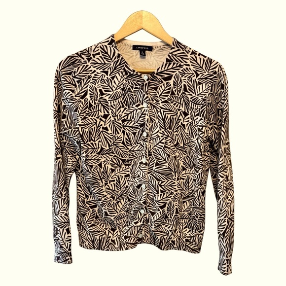 Lands End Button Up Brown/Cream Lightwt Cardigan, Leaf Design Womens size Medium - Picture 2 of 8